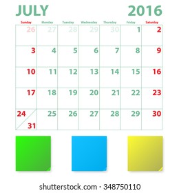 Calendar 2016 July monthly plan vector illustration