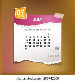 Calendar 2016 July vintage paper on abstract background
