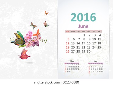 Calendar for 2016, june