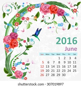 Calendar for 2016, June