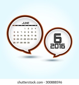 Calendar 2016 June with glossy speech bubble (week starts from Sunday)
