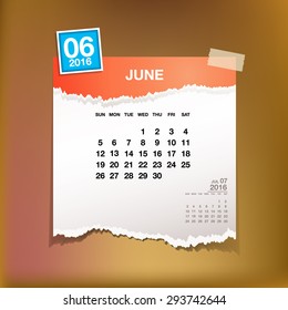 Calendar 2016 June vintage paper on abstract background
