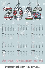 Calendar 2016 with Knitting pattern numbers, snowflakes.Sign of seasons,handmade   symbol.New year holiday Vector,winter background.Week starts from sunday,american.Vertical