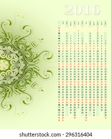 Calendar for 2016 leap year with ornamental backdrop