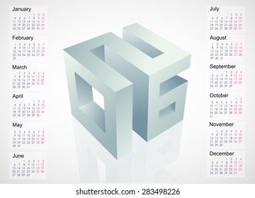 Calendar 2016 leap year template design with 3D emblem