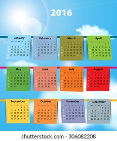 Calendar for 2016 like laundry on the clothesline. Sundays first. Vector illustration