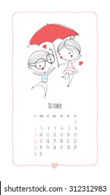 Calendar 2016. Loving boy and girl. Cute romantic theme. 