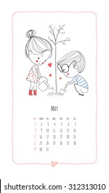 Calendar 2016. Loving boy and girl. Cute romantic theme. 