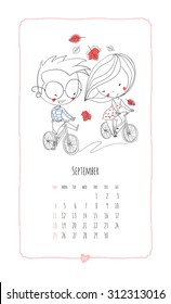 Calendar 2016. Loving boy and girl. Cute romantic theme. 