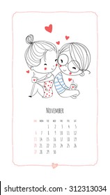 Calendar 2016. Loving boy and girl. Cute romantic theme. 