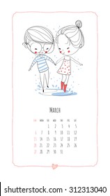 Calendar 2016. Loving boy and girl. Cute romantic theme. 