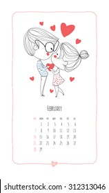 Calendar 2016. Loving boy and girl. Cute romantic theme. 