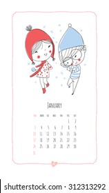 Calendar 2016. Loving boy and girl. Cute romantic theme. 