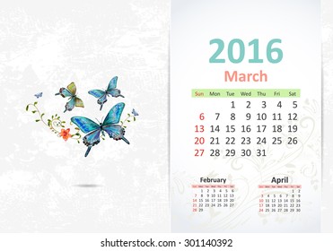 Calendar for 2016, march