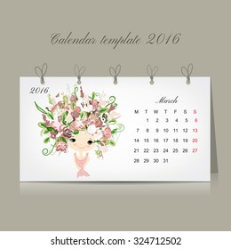 Calendar 2016, march month. Season girls design. Vector illustration