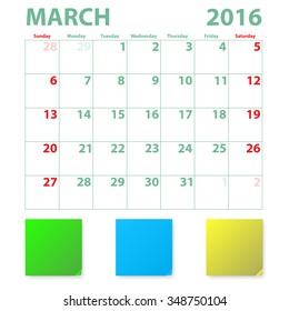 Calendar 2016 March monthly plan vector illustration