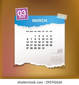 Calendar 2016 March vintage paper on abstract background
