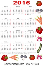 Calendar 2016 with markings and a list of public holidays for Germany edged with various vegetables