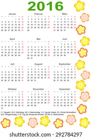 Calendar 2016 with markings and a list of public holidays for Germany edged with colorful flowers