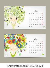 Calendar 2016, may and june months. Season girls design. Vector illustration