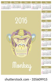 Calendar 2016 with a monkey chimpanzee.