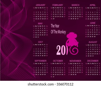 Calendar for 2016 with a monkey on a purple background. Vector illustration.