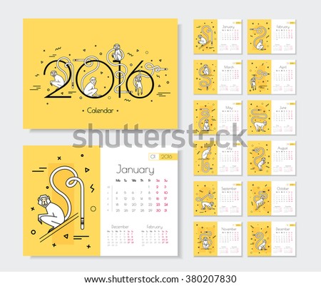 Calendar for 2016 with monkeys. Week starts on Monday Monkeys in a modern style, fine line. 