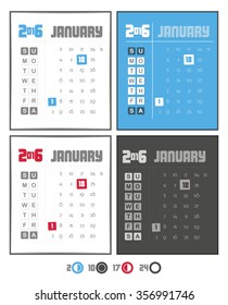 Calendar 2016. Month January. Set of four january calendar 2016. Holidays