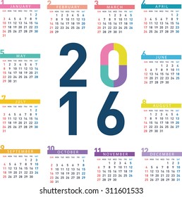 A calendar of 2016 with the months arranged into a square.