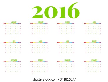 calendar 2016 new year on white background, Week start Sunday, happy color, vector illustration