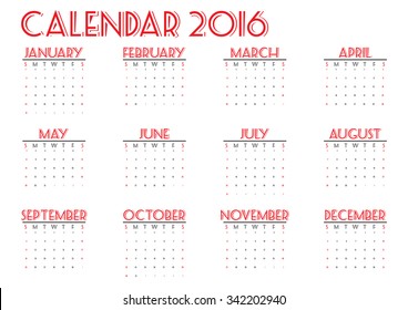 calendar 2016 new year on white background, Week start Sunday, happy color, vector illustration