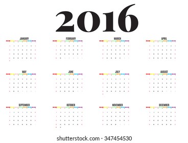 calendar 2016 new year on white background, Week start Sunday, happy color, vector illustration