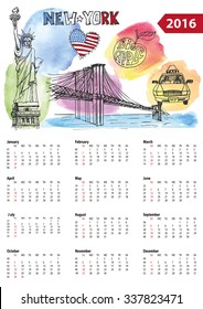Calendar 2016 New year.New York.American symbols Statue of Liberty,Brooklyn Bridge, flag,taxi.Doodle hand drawn sketch.Watercolor splash.Vector landmark,retro Illustration,background