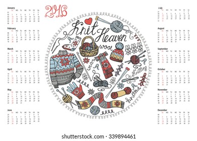 Calendar 2016 New year.Doodles Hand made knitting circle composition Colored hand drawing sketch.Vintage label.Wear,yarn,supplies.Winter fashion.Vector Design template,holiday background,retro.