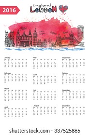 Calendar 2016 New year.London Famous landmarks panorama ,skyline.Watercolor splash ,doodle  sketchy.Big Ben, tower bridge,england,british symbols .Holiday Vector background,European mesh.Vertical