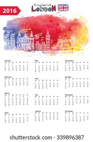 Calendar 2016 New year.London Famous landmarks panorama ,skyline.Watercolor splash ,doodle  sketchy.Big Ben, tower bridge,england,british symbols .Holiday Vector background,European mesh.Vertical