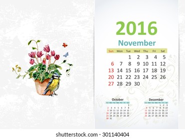 Calendar for 2016, November