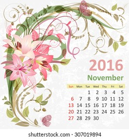 Calendar for 2016, November