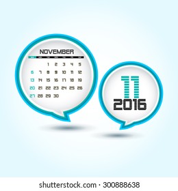 Calendar 2016 November with glossy speech bubble (week starts from Sunday)
