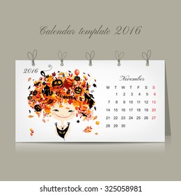 Calendar 2016, november month. Season girls design. Vector illustration
