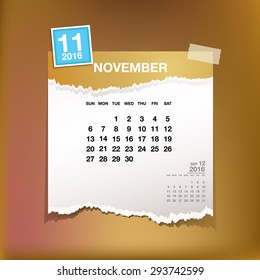 Calendar 2016 November vintage paper on abstract background
