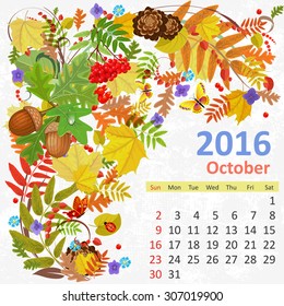Calendar for 2016, October