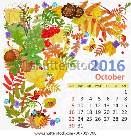 Calendar for 2016, October