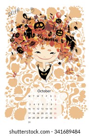 Calendar 2016, october month. Season girls design. Vector illustration