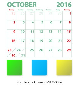 Calendar 2016 October monthly plan vector illustration