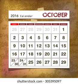 Calendar 2016 October vintage paper on grunge background
