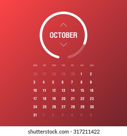 Calendar 2016. October. Week Starts Monday