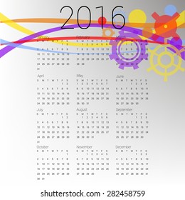 Calendar for 2016 on an abstract background with gears. Weeks start on Sunday.