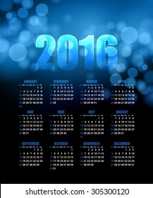 Calendar for 2016 on abstract background. Vector illustration EPS 10