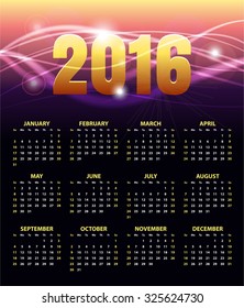 Calendar for 2016 on abstract golden shiny background. Week Starts Sunday. Stylish black Vector Template